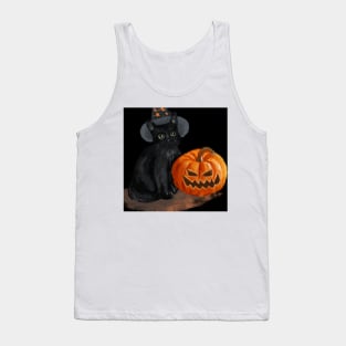 Halloween Cat with Scary Orange Pumpkin and Party Hat Tank Top